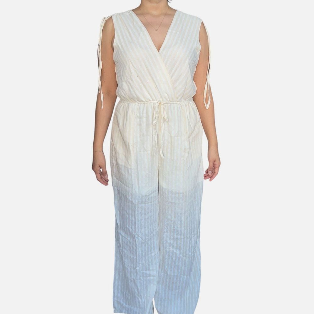 Andree by Unit Jumpsuit Striped Beige Large Wide-Leg Sleeveless Cotton